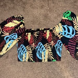 Tropical Crop Top with Puffed Sleeves